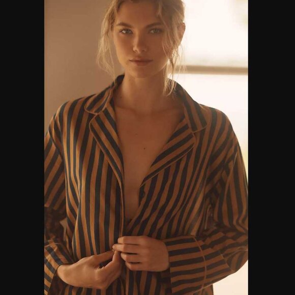 New XS/0 THE GREAT. SLEEP The long sleeve button down pajama shirt brown stripe